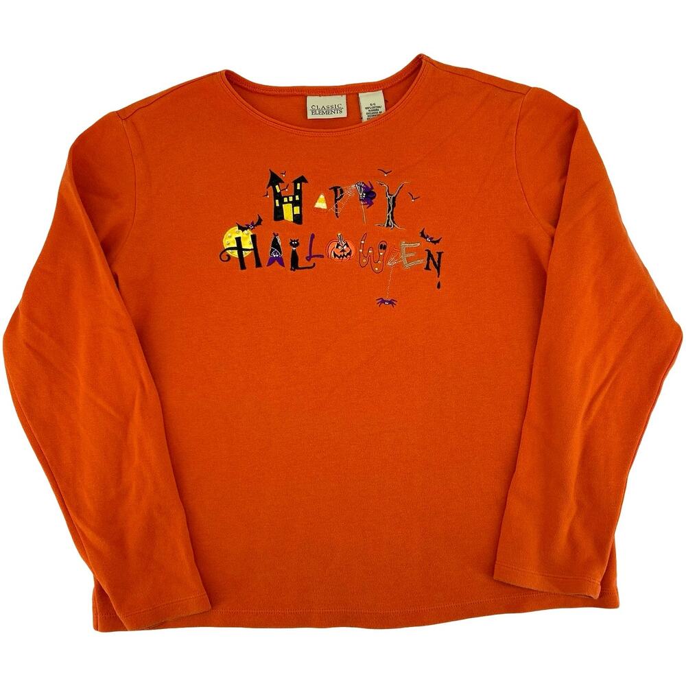 Vintage Women's Orange Black Embroidered Happy Halloween Long Sleeve Shirt Sz S